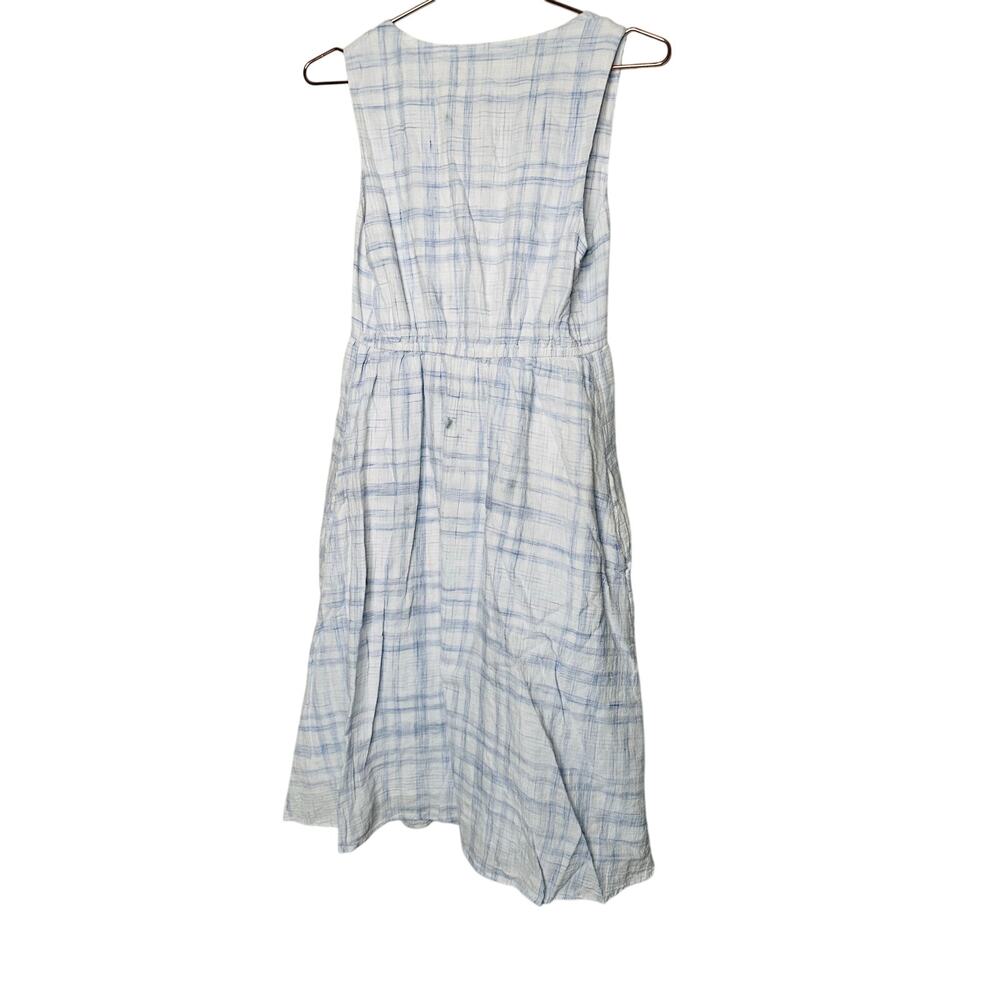 LOVE WHIT Blue Plaid Checkered Tie Front Cotton V-Neck Midi Dress Size Medium - Picture 4 of 14